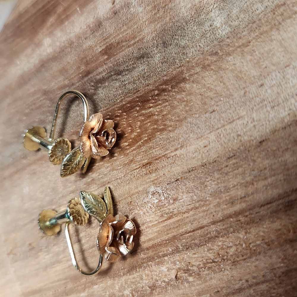 Vintage Signed Krementz Two-Tone Rose and Leaf Earrings
